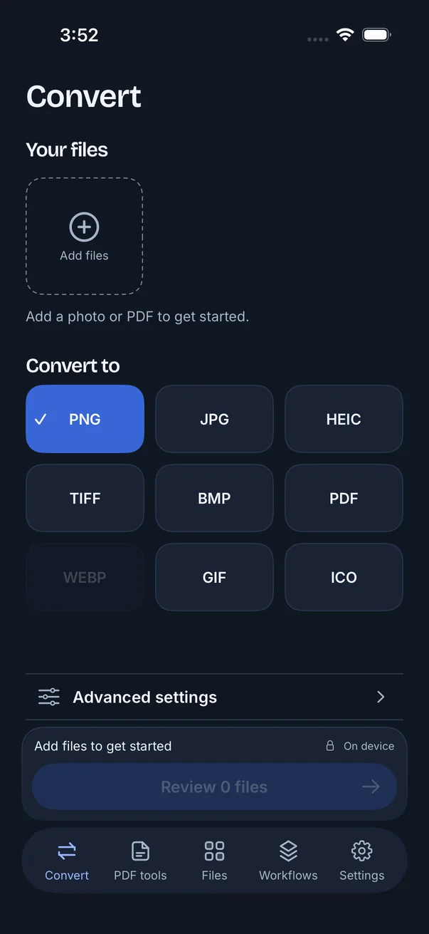 FileSway Convert screen in dark mode, empty and ready for files, with the 3 by 3 format grid.
