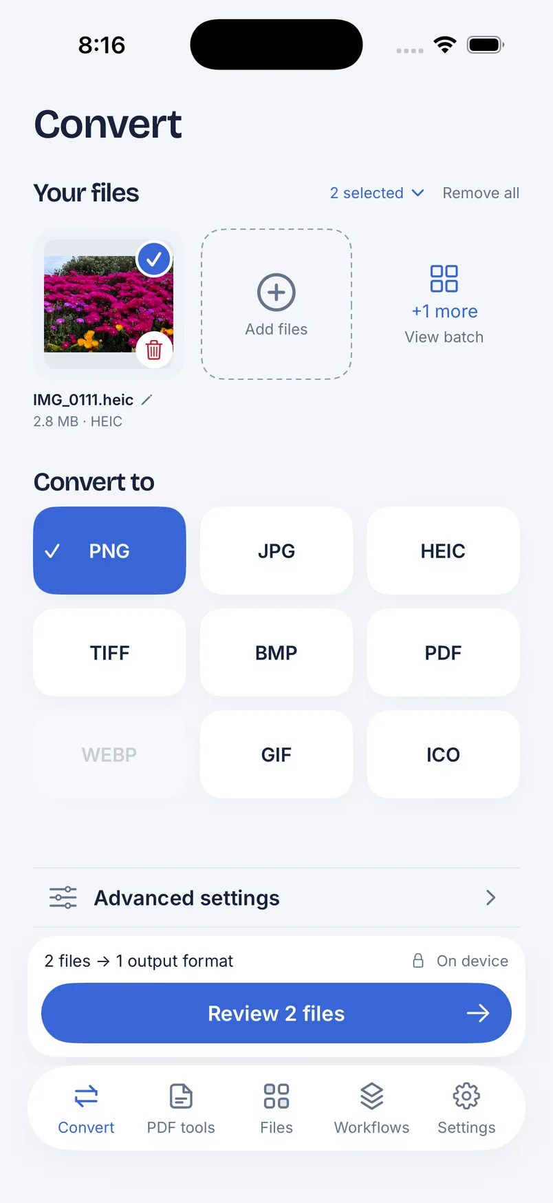 FileSway Convert screen with a 3 by 3 format grid that includes PDF, alongside PNG, JPG, HEIC, TIFF, BMP, GIF and ICO. WebP is dimmed, and PNG is selected.