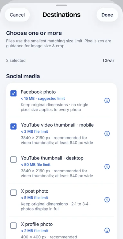 FileSway Destinations sheet: Choose one or more. Files use the smallest matching size limit. Facebook photo and YouTube video thumbnail mobile are checked, with limits of 15 MB and 2 MB.