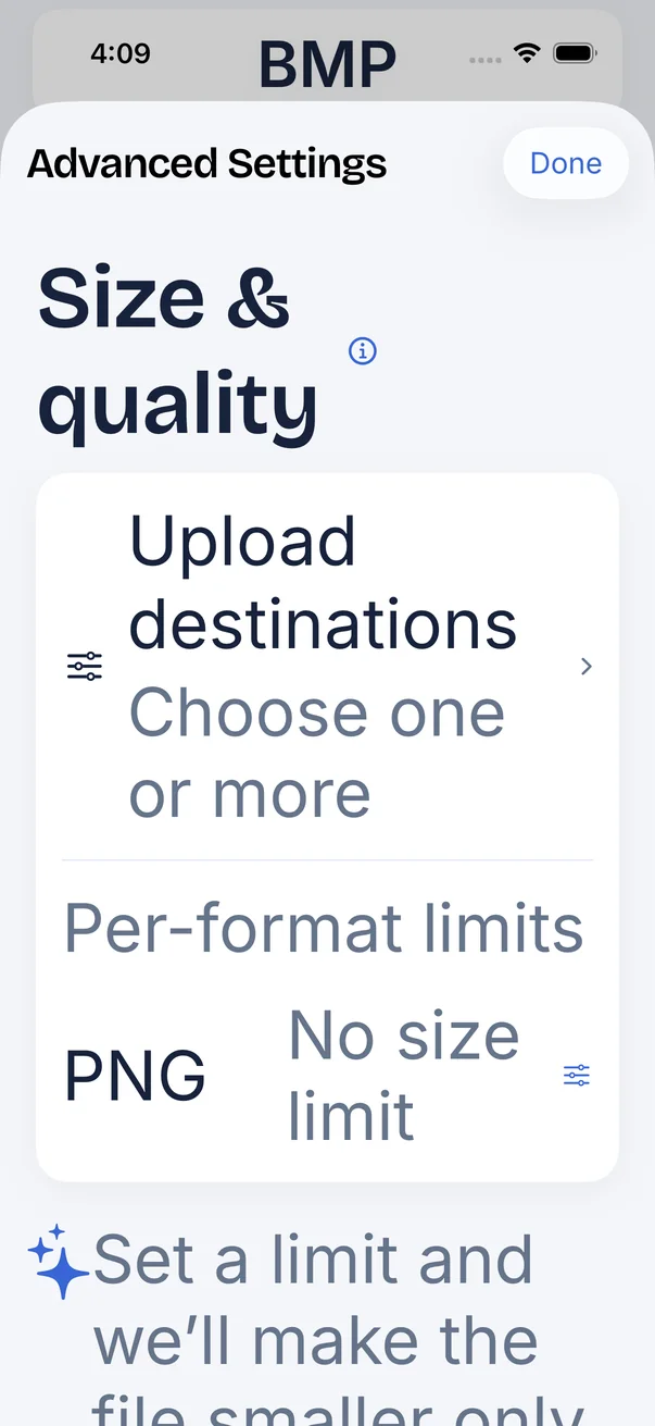 FileSway Advanced Settings shown at a very large text size: Size and quality, Upload destinations, Per-format limits.