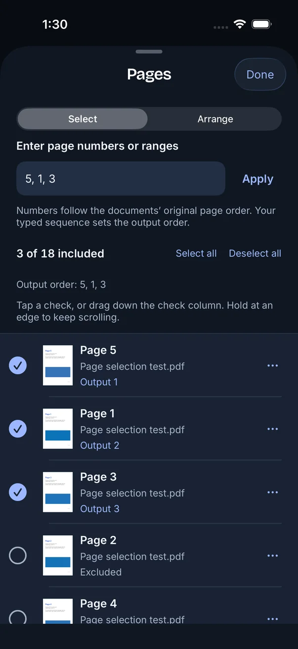 FileSway Pages screen in dark mode: the typed order 5, 1, 3 shows 3 of 18 pages included, with Page 5 as Output 1, Page 1 as Output 2 and Page 3 as Output 3.