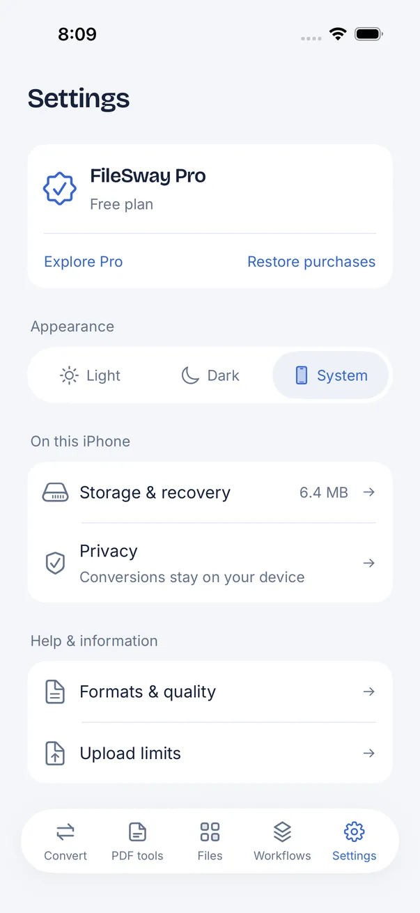 FileSway Settings screen: FileSway Pro free plan, appearance choices Light, Dark and System, storage, privacy and help.