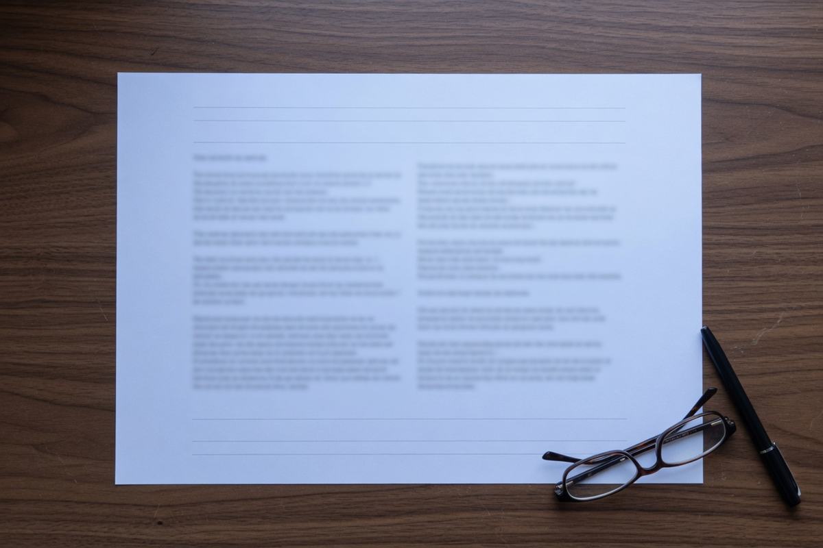 A flat sheet of paper on a dark wooden desk in soft, even daylight, with reading glasses and a pen beside it.