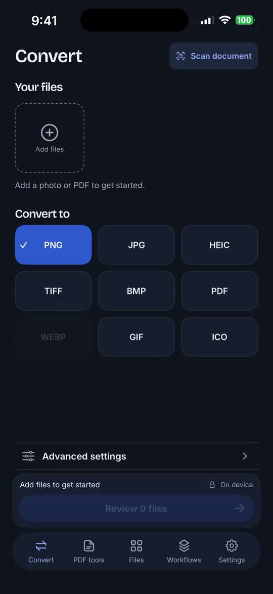 FileSway Convert screen on iPhone with the Scan document button at the top right.